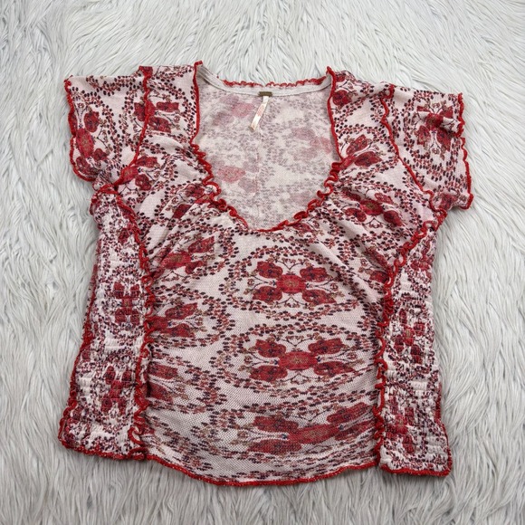 Free People Women's L Red Floral Oh My Baby Tee Festival Boho Western - Picture 1 of 7